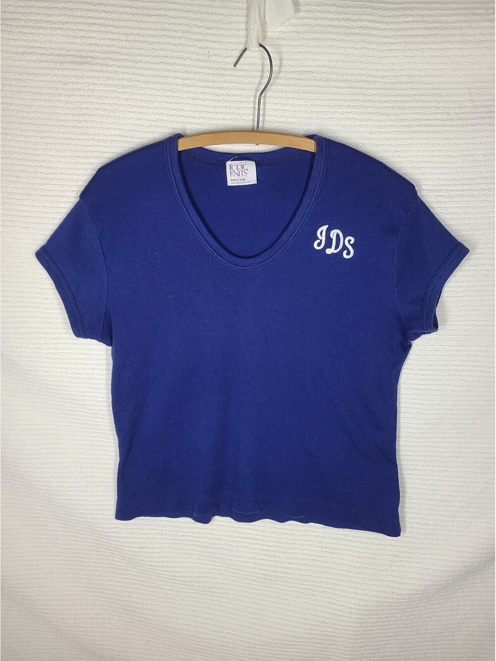 Vintage 70s Baby Tee Shirt Navy Knit Monogram Shirt Preppy L XL 50/50 Cap Sleeve